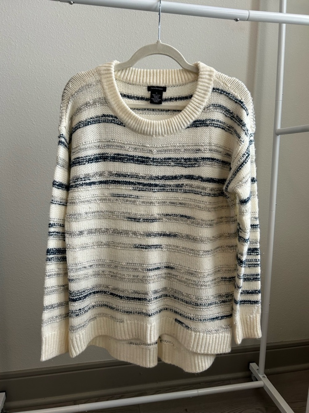 Calvin Klein Cream Crewneck Sweater with Navy Stripes